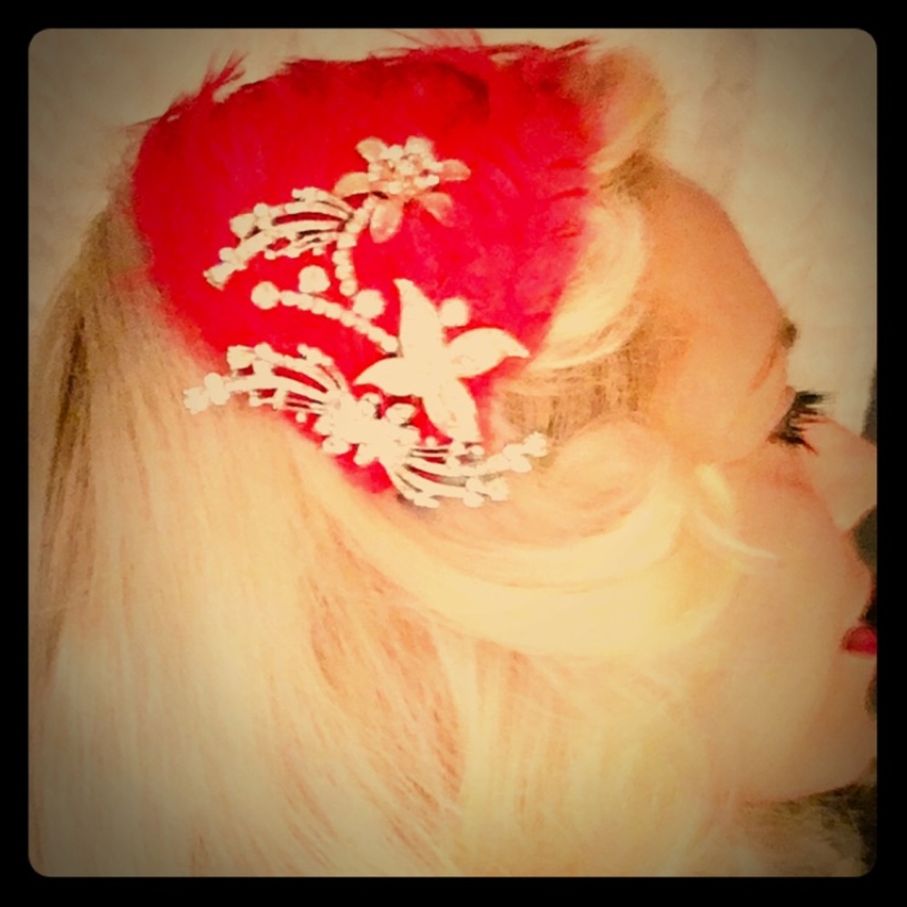 Red feather rhinestone metal headband fascinator